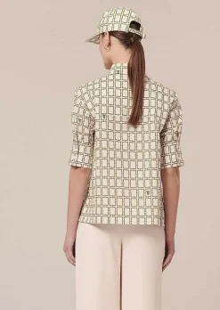 TARA JARMON Cameron Ecru With Green Graphic Design Poplin Shirt Online