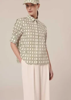 TARA JARMON Cameron Ecru With Green Graphic Design Poplin Shirt Online