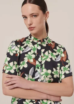 TARA JARMON Camin Midnight Blue Flower Printed Shirt New