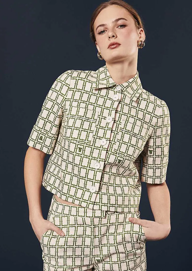 TARA JARMON Christine Ecru With Green Graphic Design Shirt Discount