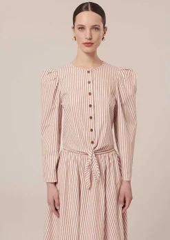 TARA JARMON Cleo Brown Striped Poplin Shirt Fashion