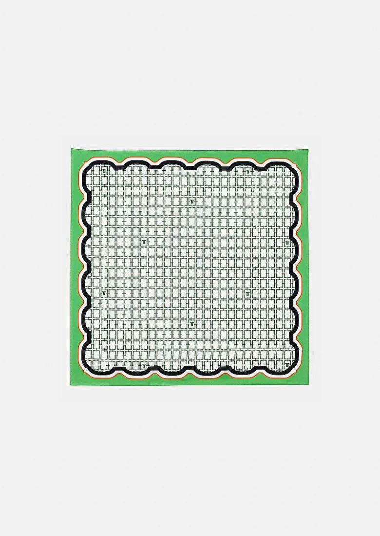 TARA JARMON Eileen Ecru With Green Graphic Design Silk Scarf Sale
