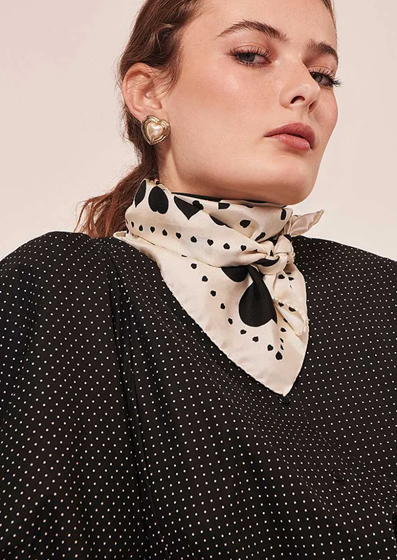 TARA JARMON Estee Ecru With Black Polka Hearts Silk Scarf Store