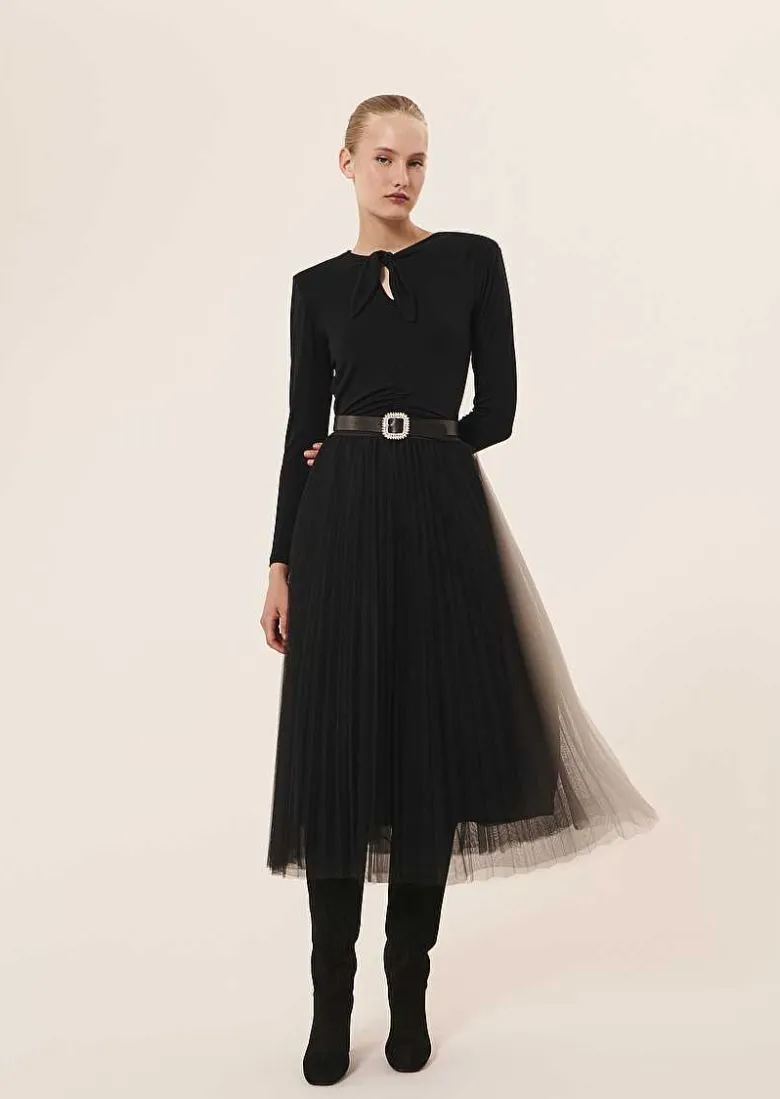TARA JARMON Juillet Black Pleated Tulle Skirt Clearance