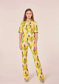 TARA JARMON Paivan Yellow Flowers Printed Pants Sale