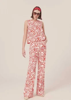 TARA JARMON Prosper Ecru With Coral Graphic Design Pants Shop