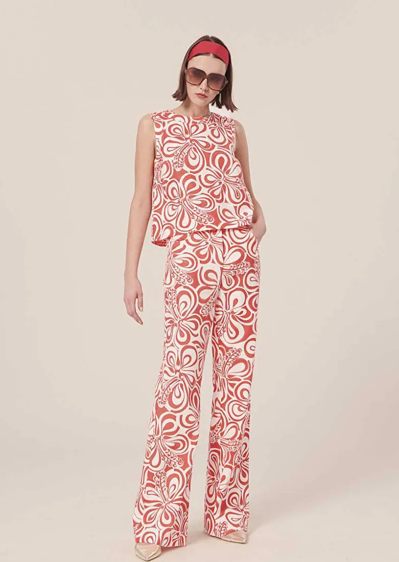 TARA JARMON Prosper Ecru With Coral Graphic Design Pants Shop