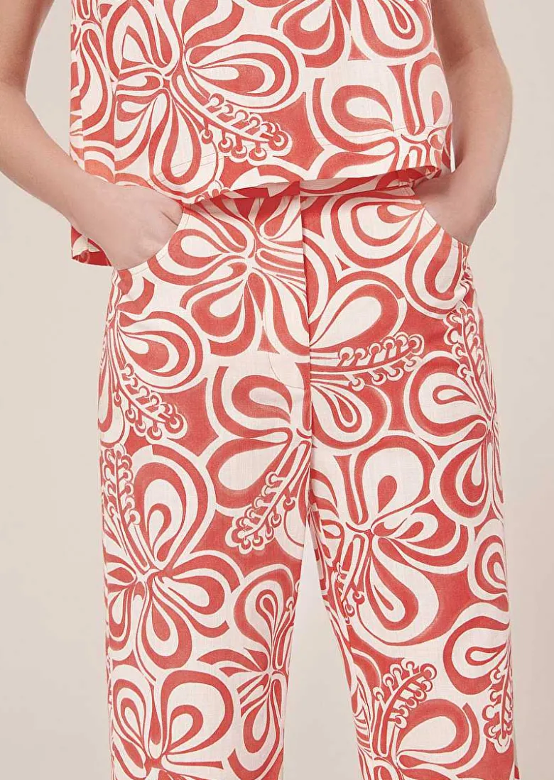 TARA JARMON Prosper Ecru With Coral Graphic Design Pants Shop