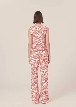 TARA JARMON Prosper Ecru With Coral Graphic Design Pants Shop