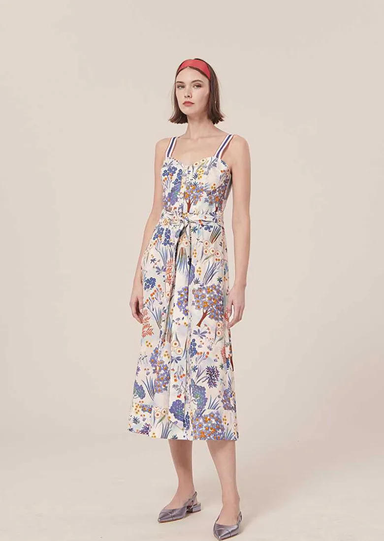 TARA JARMON Raquelina Blue Floral Printed Poplin Dress Cheap