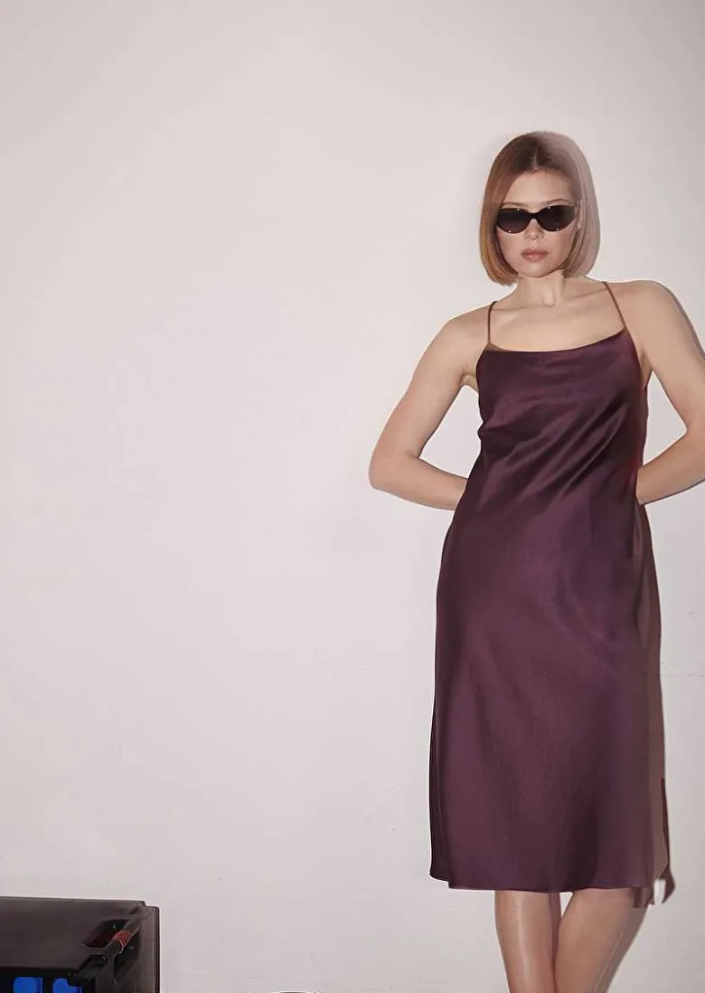 TARA JARMON Reane Brown Fluid Satin Dress Flash Sale