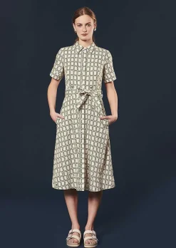 TARA JARMON Retronie Ecru With Green Graphic Design Dress Outlet