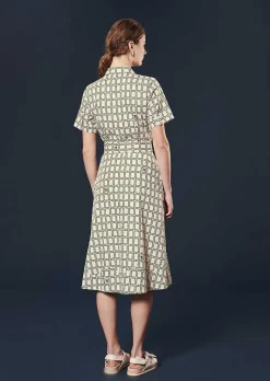 TARA JARMON Retronie Ecru With Green Graphic Design Dress Outlet