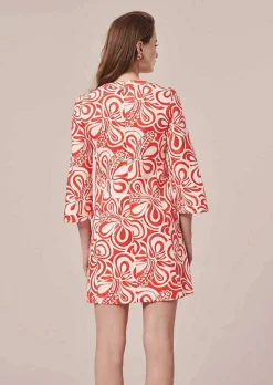 TARA JARMON Rivanna Ecru With Coral Graphic Design Cotton Dress Discount