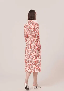TARA JARMON Rivolta Ecru With Coral Graphic Design Poplin Dress Shop