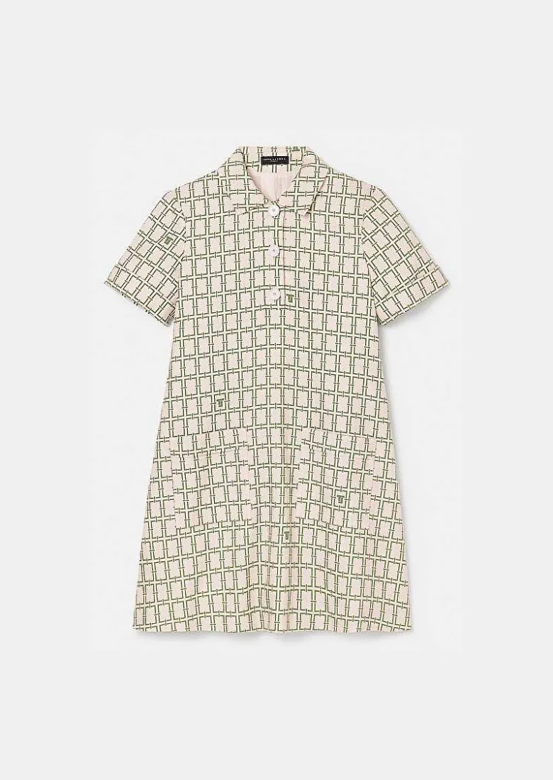 TARA JARMON Romarin Ecru With Green Graphic Design Dress Flash Sale