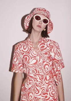 TARA JARMON Rosemarine Ecru With Coral Graphic Design Cotton Dress Online