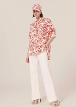 TARA JARMON Tallulah Ecru With Coral Graphic Design Top Clearance