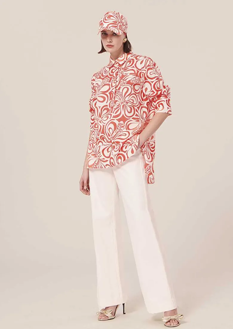 TARA JARMON Tallulah Ecru With Coral Graphic Design Top Clearance