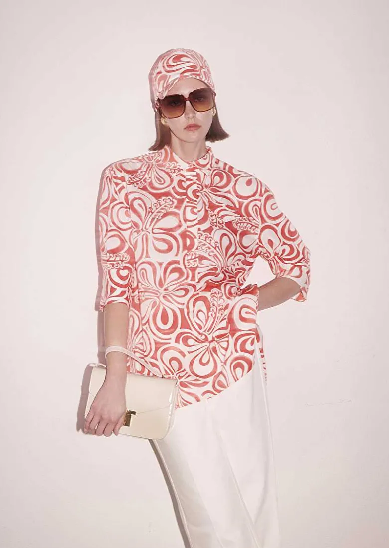 TARA JARMON Tallulah Ecru With Coral Graphic Design Top Clearance