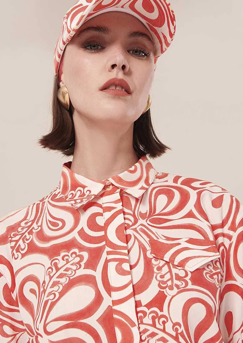 TARA JARMON Tallulah Ecru With Coral Graphic Design Top Clearance