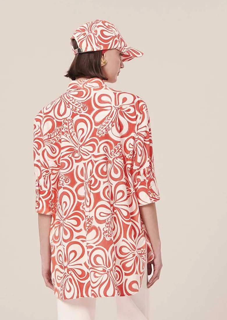 TARA JARMON Tallulah Ecru With Coral Graphic Design Top Clearance
