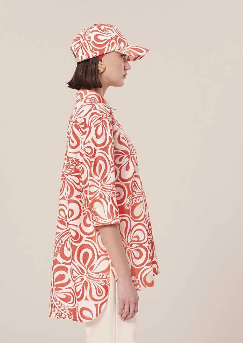 TARA JARMON Tallulah Ecru With Coral Graphic Design Top Clearance