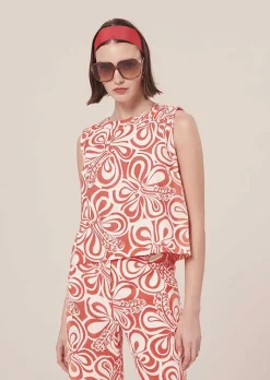 TARA JARMON Teepee Ecru With Coral Graphic Design Top Cheap