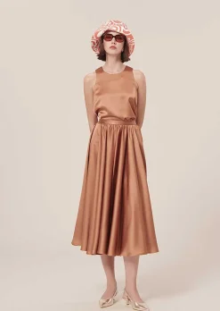 TARA JARMON Tellia Brown Top In Fluid Satin Hot