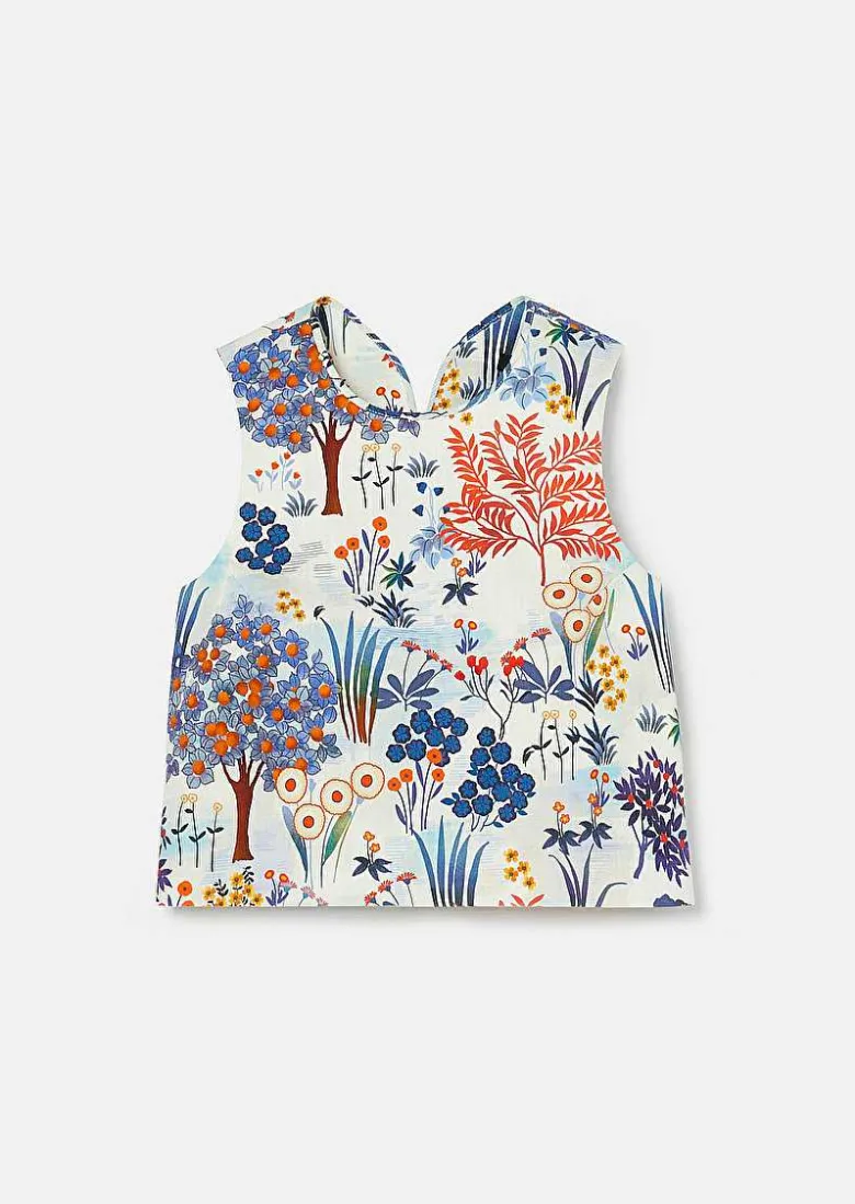 TARA JARMON Teresa Blue Floral Printed Linen And Cotton Top Store