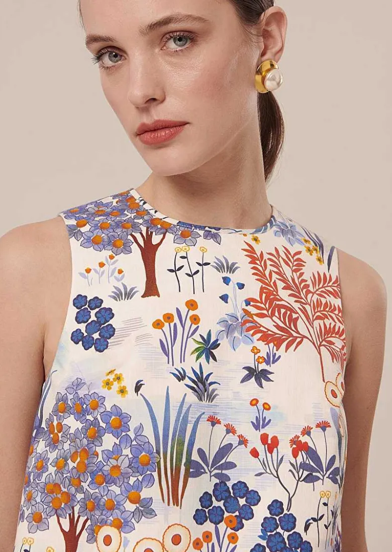 TARA JARMON Teresa Blue Floral Printed Linen And Cotton Top Store