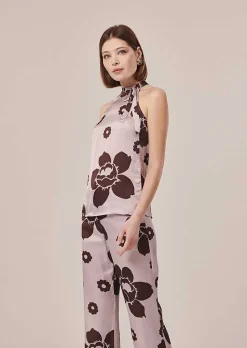 TARA JARMON Tierri Purple Flower Printed Satin Top Fashion