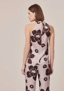 TARA JARMON Tierri Purple Flower Printed Satin Top Fashion