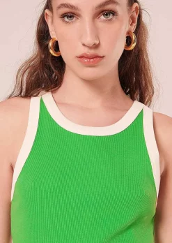 TARA JARMON Trish Green And White Ribbed Jersey Top Clearance
