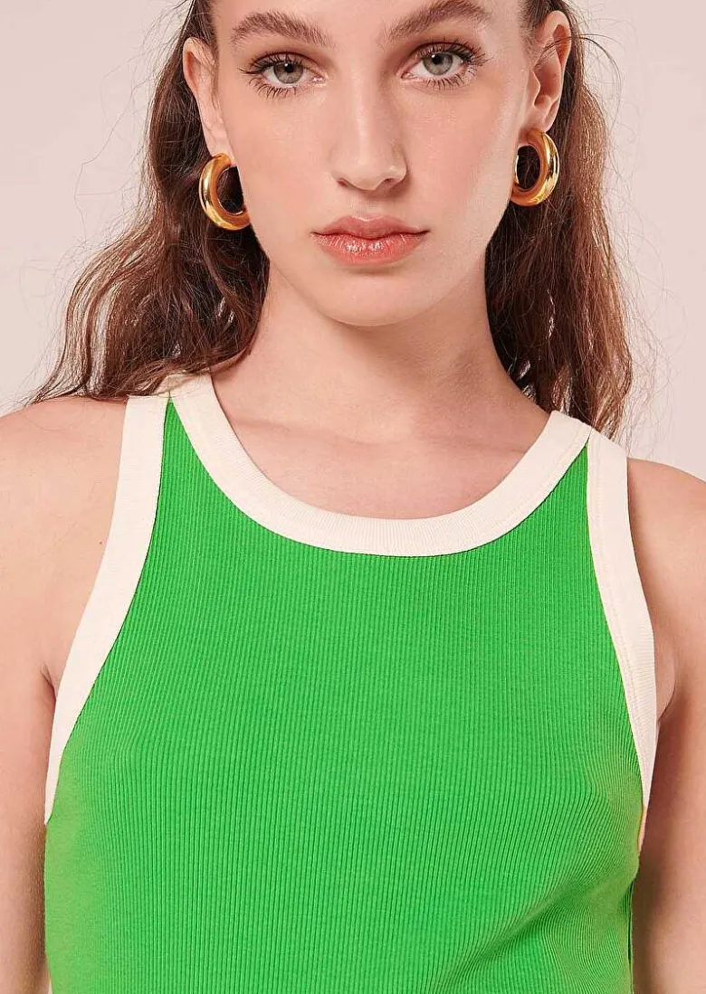 TARA JARMON Trish Green And White Ribbed Jersey Top Clearance