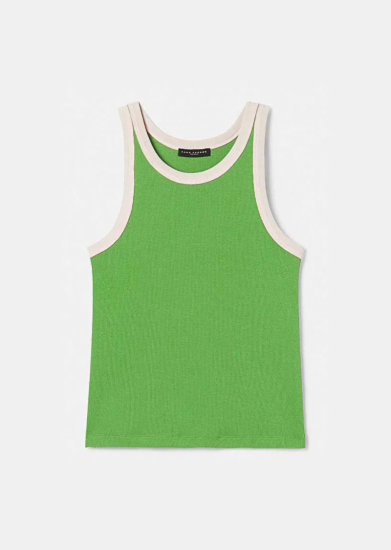 TARA JARMON Trish Green And White Ribbed Jersey Top Clearance